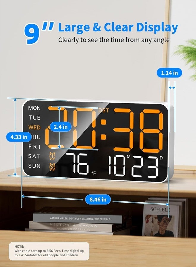 ASTROMETRIC 9" LED Digital Wall Clock with Date, Day & Temperature - Dual Alarm, Adjustable Brightness, USB Powered - Large Display for Bedroom, Office & Home Decor (Orange) - Image 3